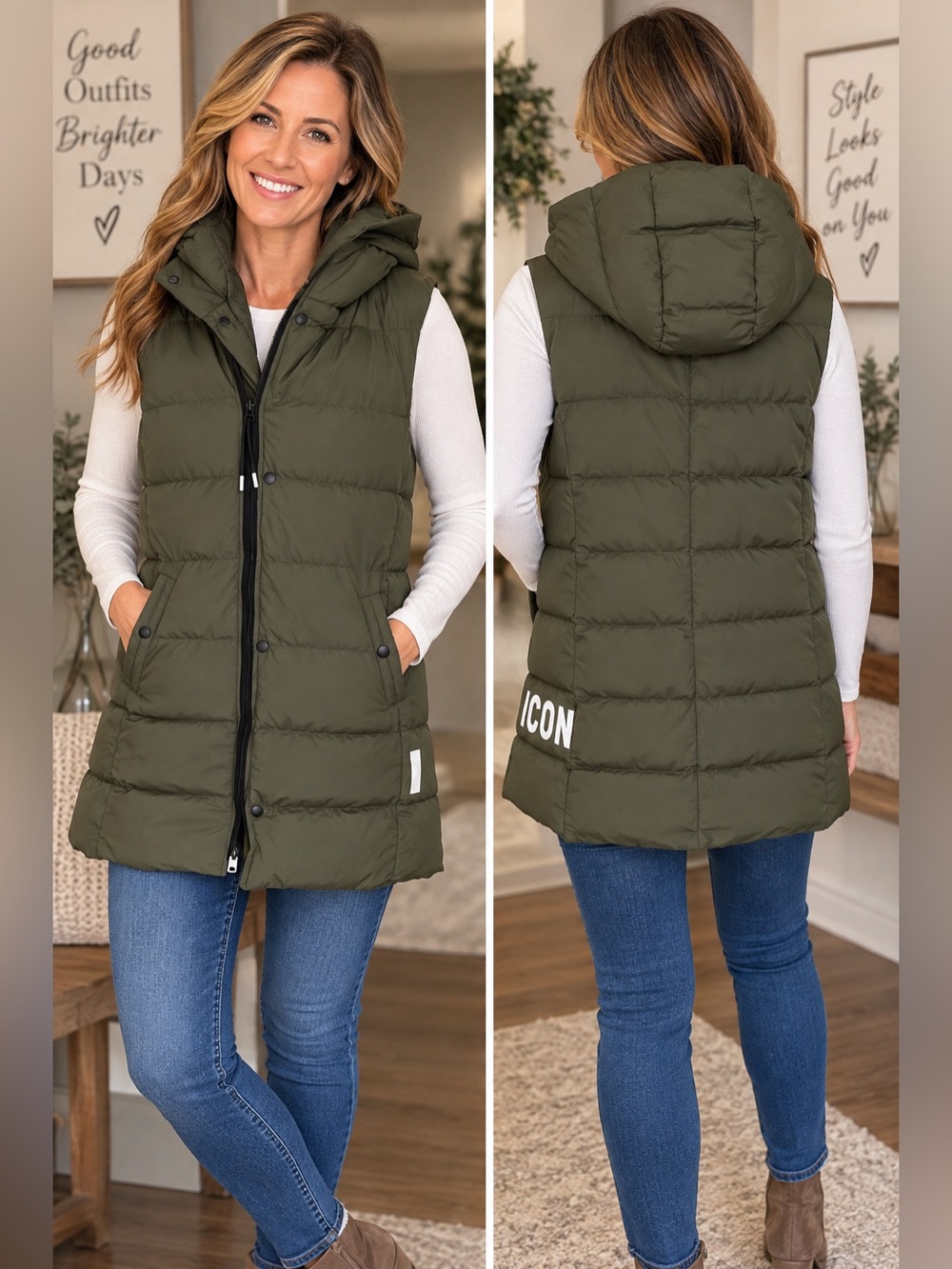 IGA Fashion ICON Long Puffer Vest – Olive Green – Size M – NWOT